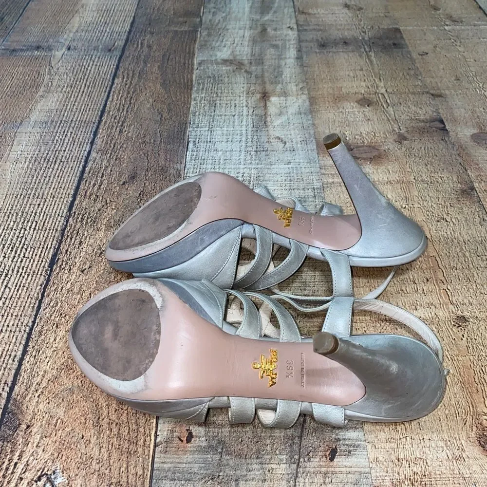 Prada Sandals Beige Gray Leather T-Strap Platform Heel Size 39.5 / US 9